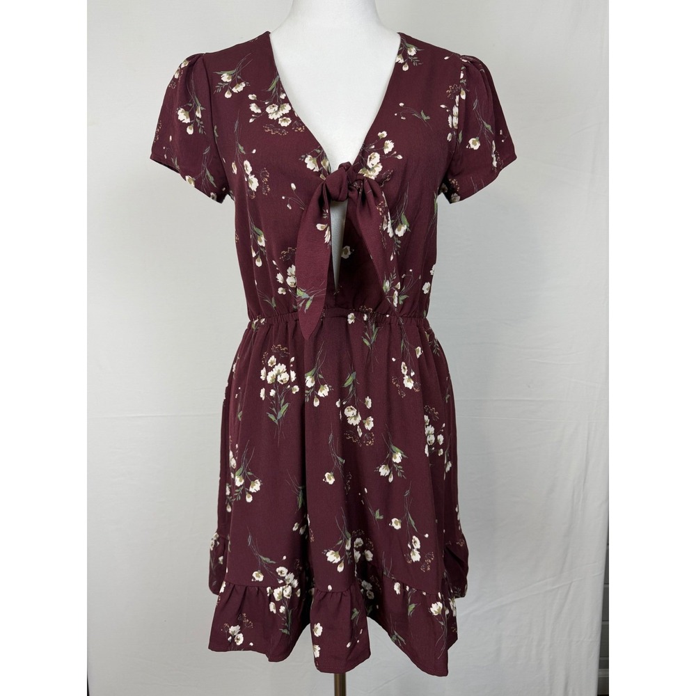 CAGE Floral Mini Dress Women's front tie Small Burgundy Ruffle Hem Spring Flower